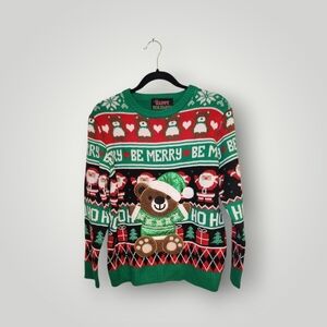 Happy Holidays Festive Bear Christmas ugly Sweater unisex Green Red Black size s